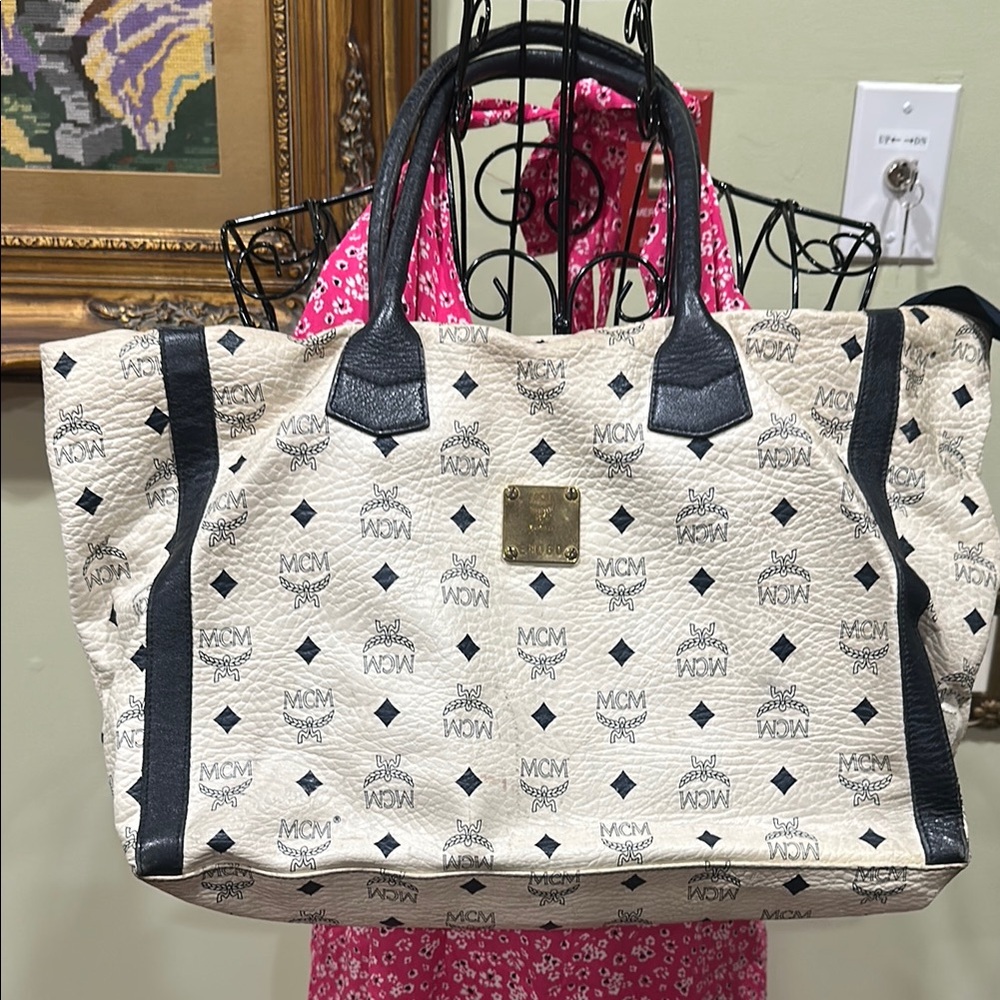 MCM Cream and Black Monogram Tote Bag